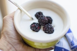 Close up view of a hand holding a bowl of yogurt with berries on top.