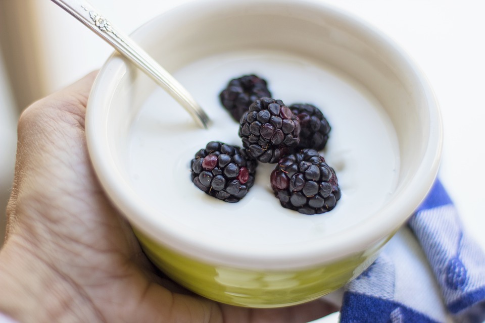 A small bowl of plain yogurt with berries sprinkled on top