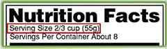 Nutrition Facts label showing serving size of 2/3 cup, 55 grams, and approximately 8 servings per container.