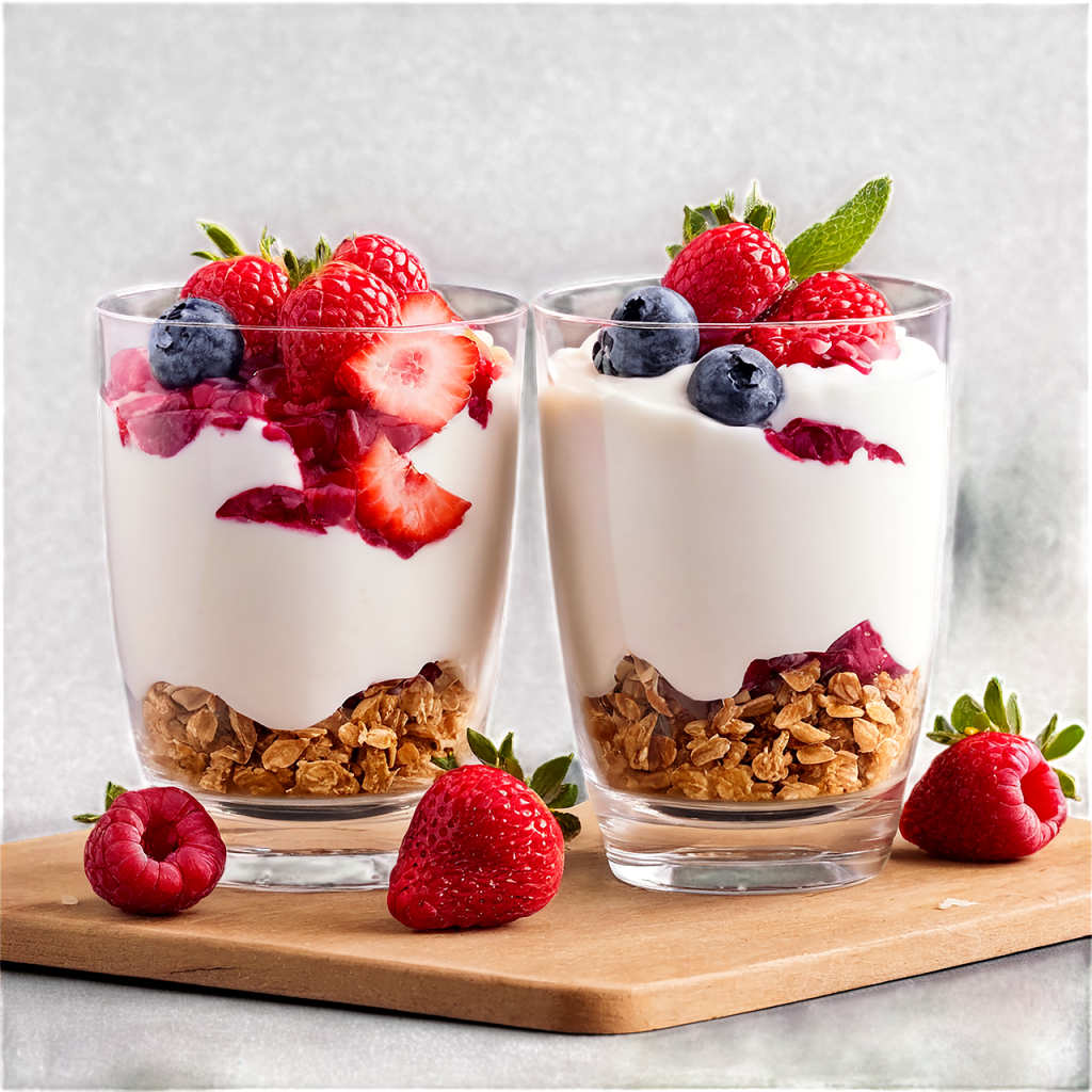 2 clear glasses on a table filled with yogurt, granola and fresh fruit