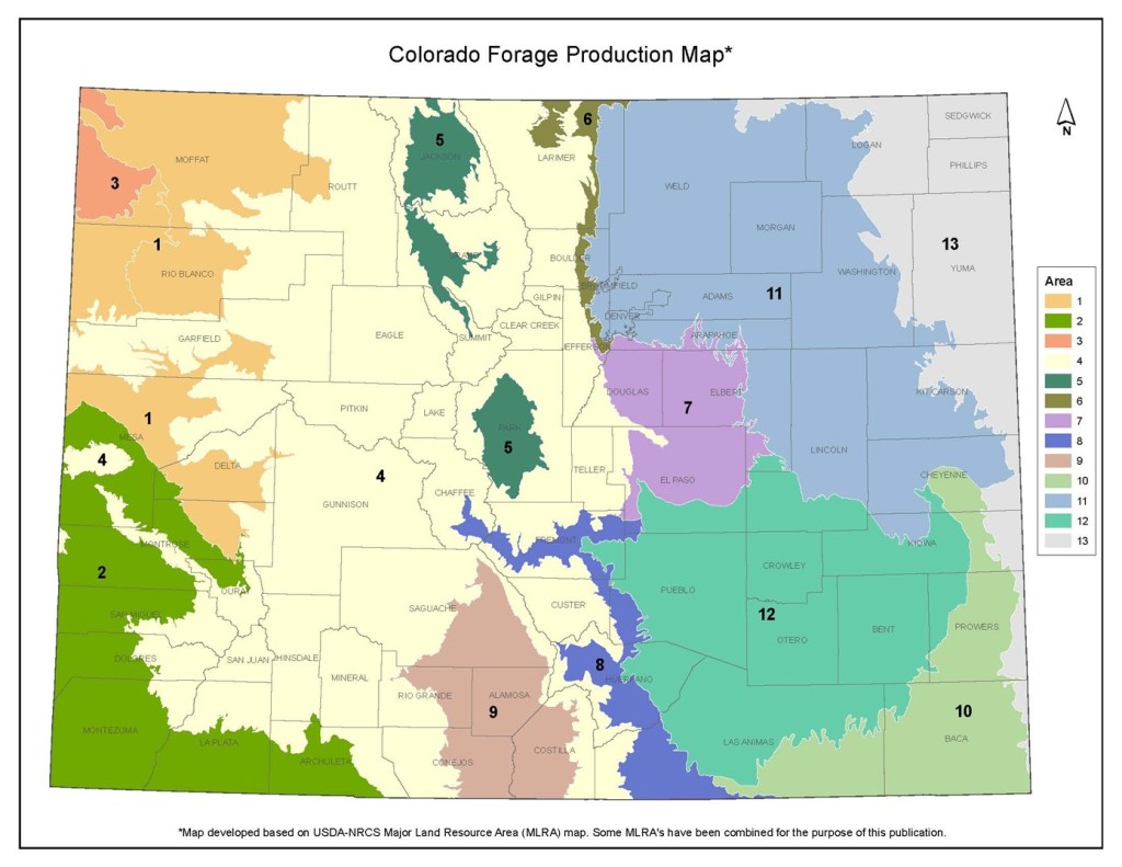 Color‑coded map of Colorado titled “Colorado Forage Production Map,” showing numbered regions across the state with a legend identifying different forage production areas.