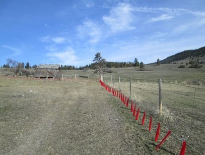An electric fence installed with nylon flags to increase visibility of wire