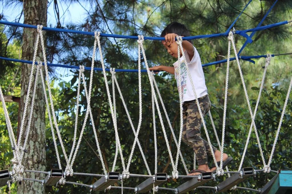 A child crosses a rope bridge obstacle course suspended between trees in an outdoor recreation area.
