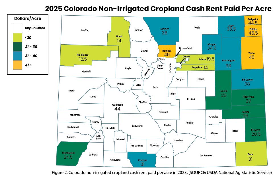 Color-coded map of Colorado showing 2025 irrigated cropland cash rental rates by county, with dollar-per-acre values and categories ranging from under $50 to over $150 per acre.