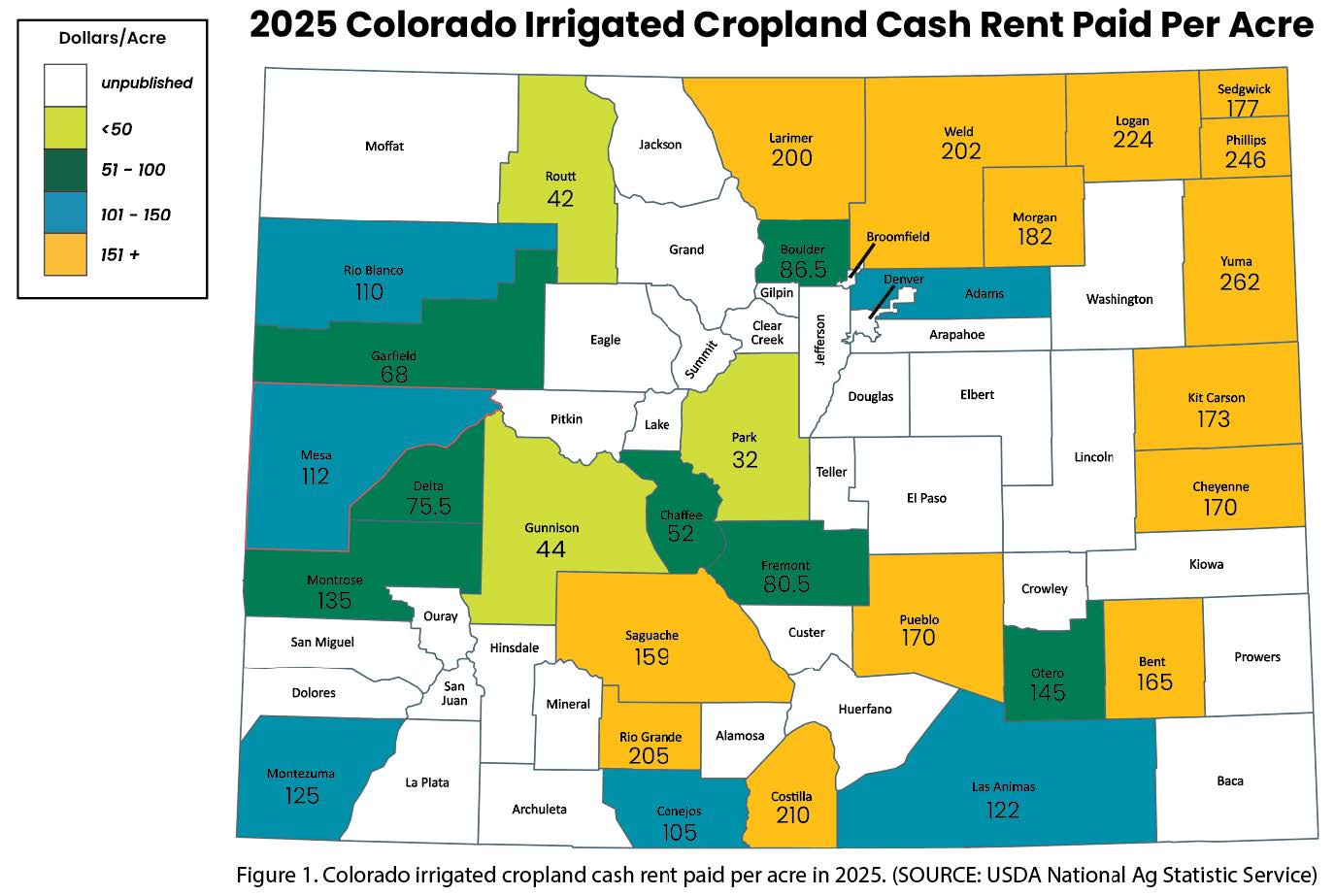 Color-coded map of Colorado showing 2025 pastureland cash rental rates by county, with dollar-per-acre values and categories ranging from under $2.90 to over $11 per acre.