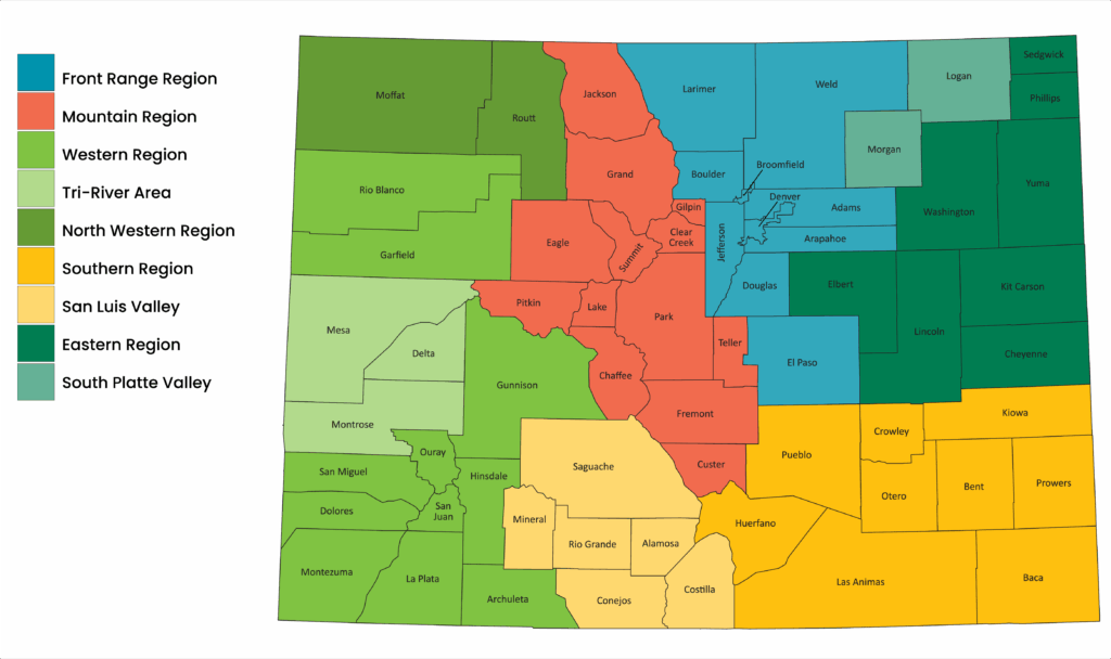 Color-coded map of Colorado showing all counties grouped into nine regions: Front Range, Mountain, Western, Tri‑River Area, North Western, Southern, San Luis Valley, Eastern, and South Platte Valley. County boundaries and names are labeled throughout the state.