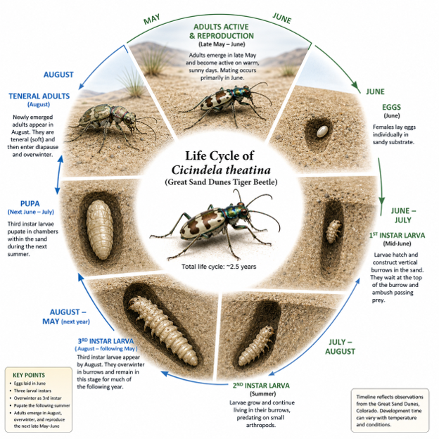 Generalized life cycle of Cicindela theatina showing how new adults emerge in May and mate by June; thereafter eggs are laid in subsurface sandy burrows and develop over a period of approximately 2.5 years.